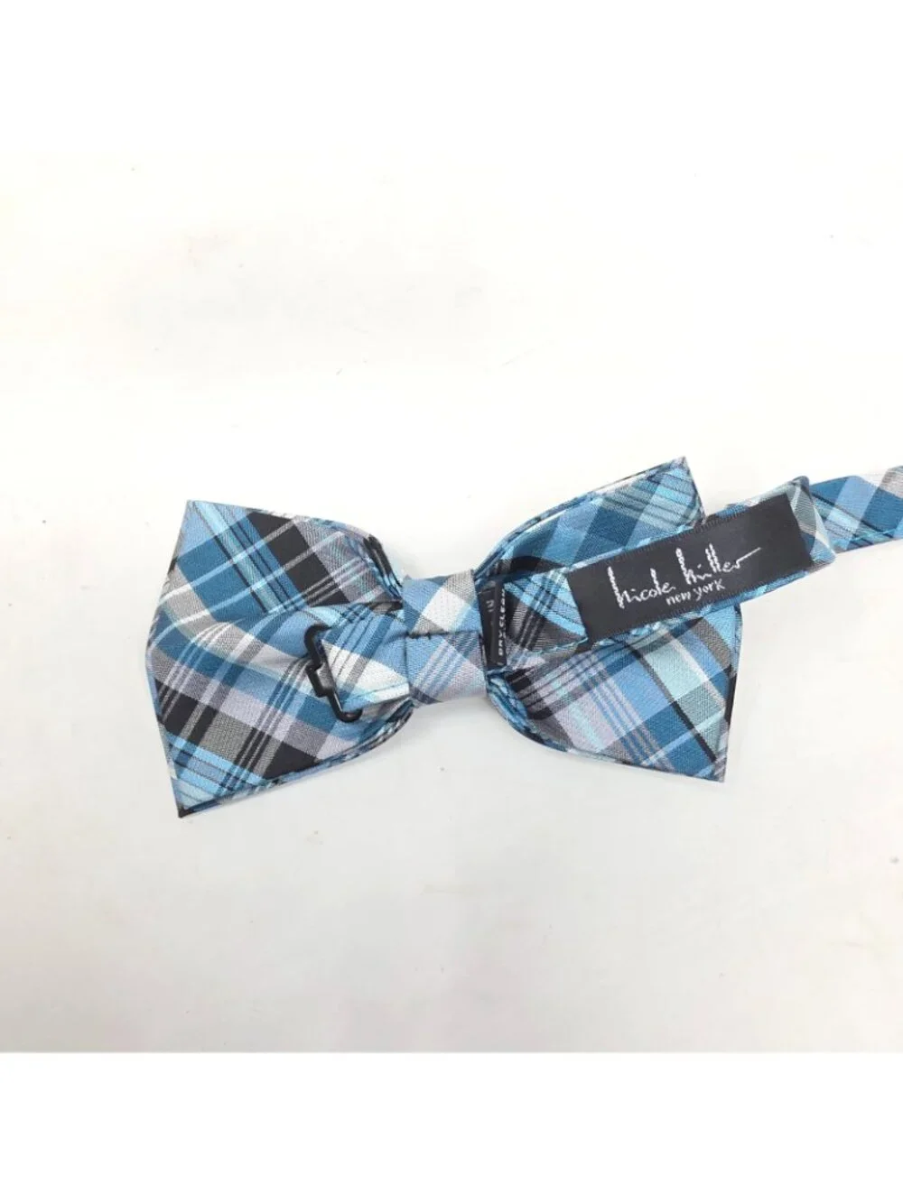 Nicole Miller Pre-Tied Bow Tie Teal Green Black Adjustable Neck Silk Plaid